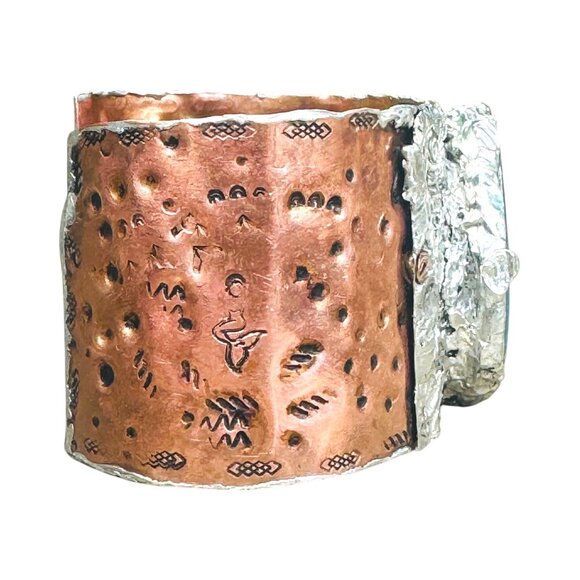 Rustic Copper & Silver Hammered Cuff Bracelet W/ Blue Agate Teardrop Gemstone - Picture 11 of 16